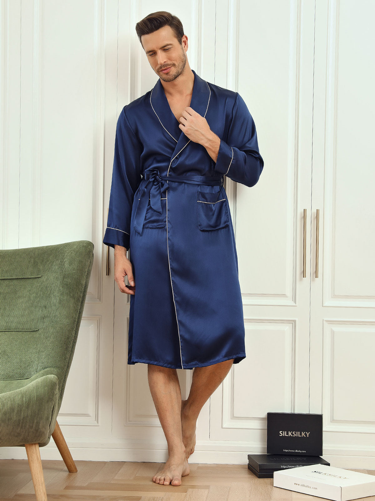 [Dark Blue] SilkSilky-UK Pure Silk Long Sleeve Lapel Men's Dressing Gown 003