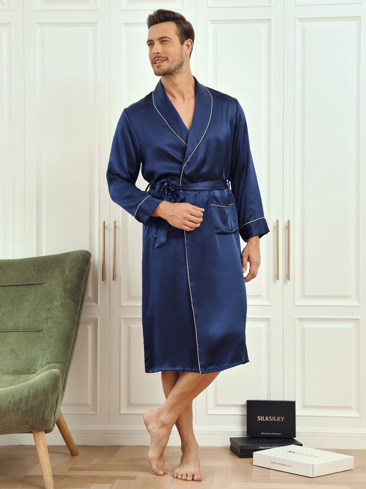 [Dark Blue] SilkSilky-UK Pure Silk Long Sleeve Lapel Men's Dressing Gown 004