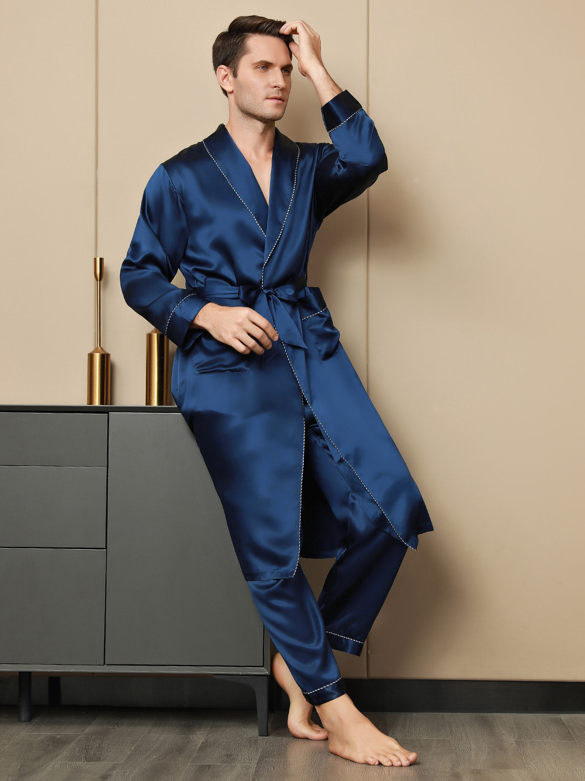 [Dark Blue] SilkSilky-UK Pure Silk Long Sleeve Lapel Men's Dressing Gown 005