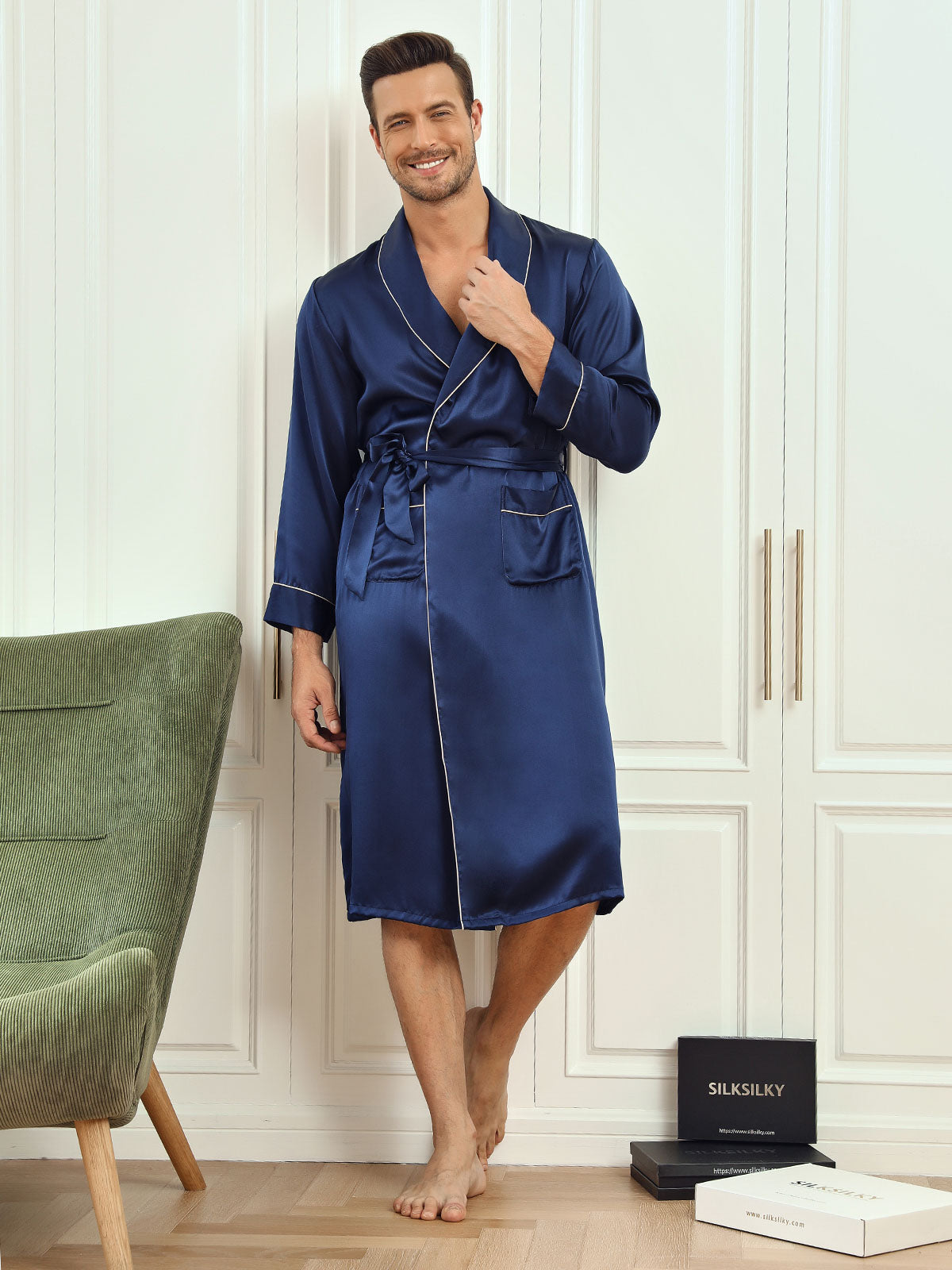 [Dark Blue] SilkSilky-UK Pure Silk Long Sleeve Lapel Men's Dressing Gown 005