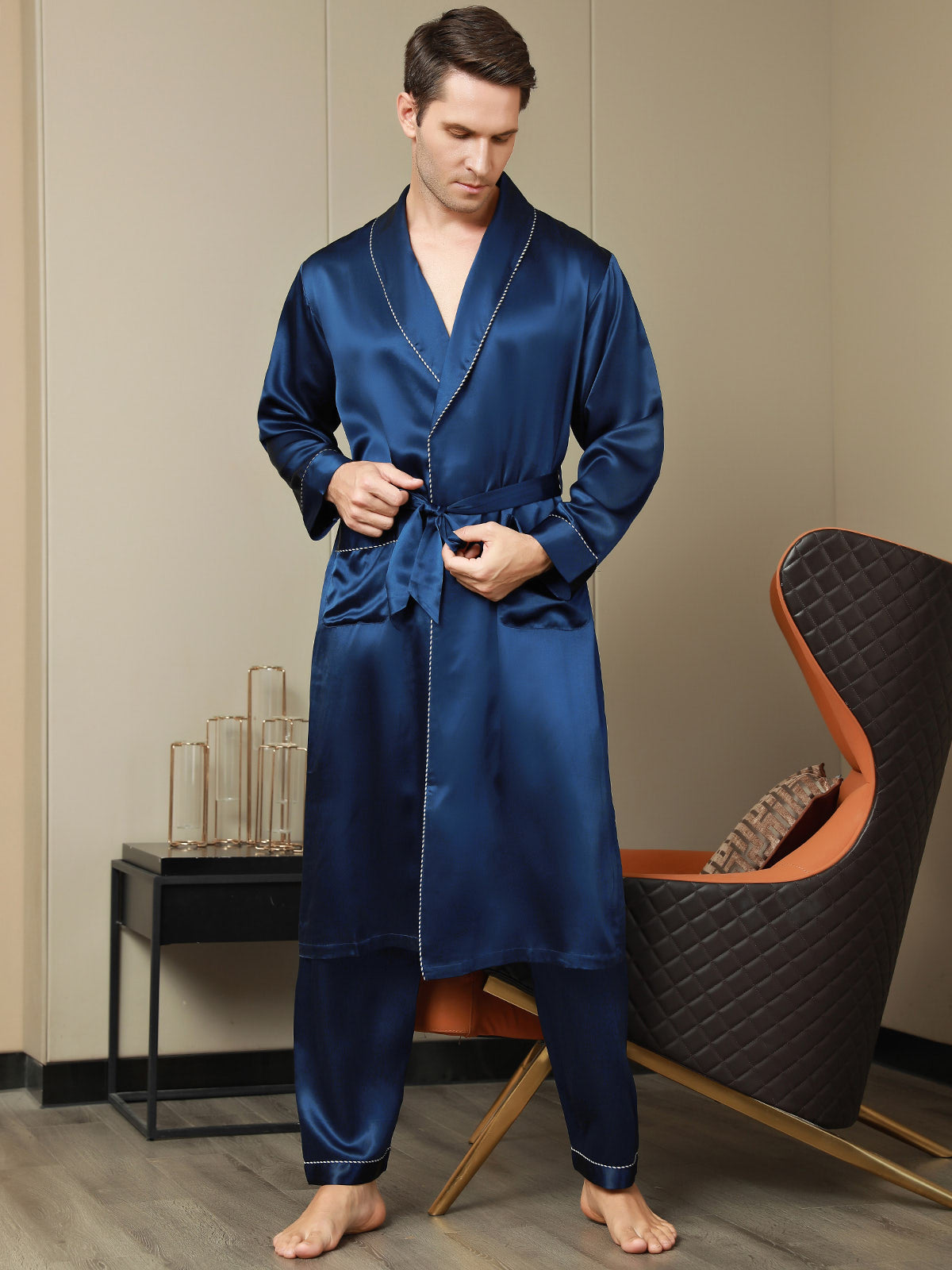 [Dark Blue] SilkSilky-UK Pure Silk Long Sleeve Lapel Men's Dressing Gown 006