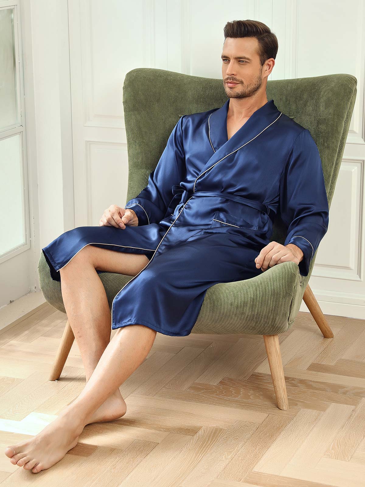 [Dark Blue] SilkSilky-UK Pure Silk Long Sleeve Lapel Men's Dressing Gown 006