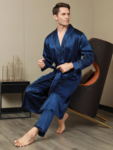 [Dark Blue] SilkSilky-UK Pure Silk Long Sleeve Lapel Men's Dressing Gown 007