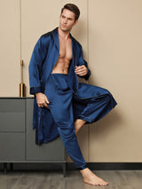 [Dark Blue] SilkSilky-UK Pure Silk Long Sleeve Lapel Men's Dressing Gown 008