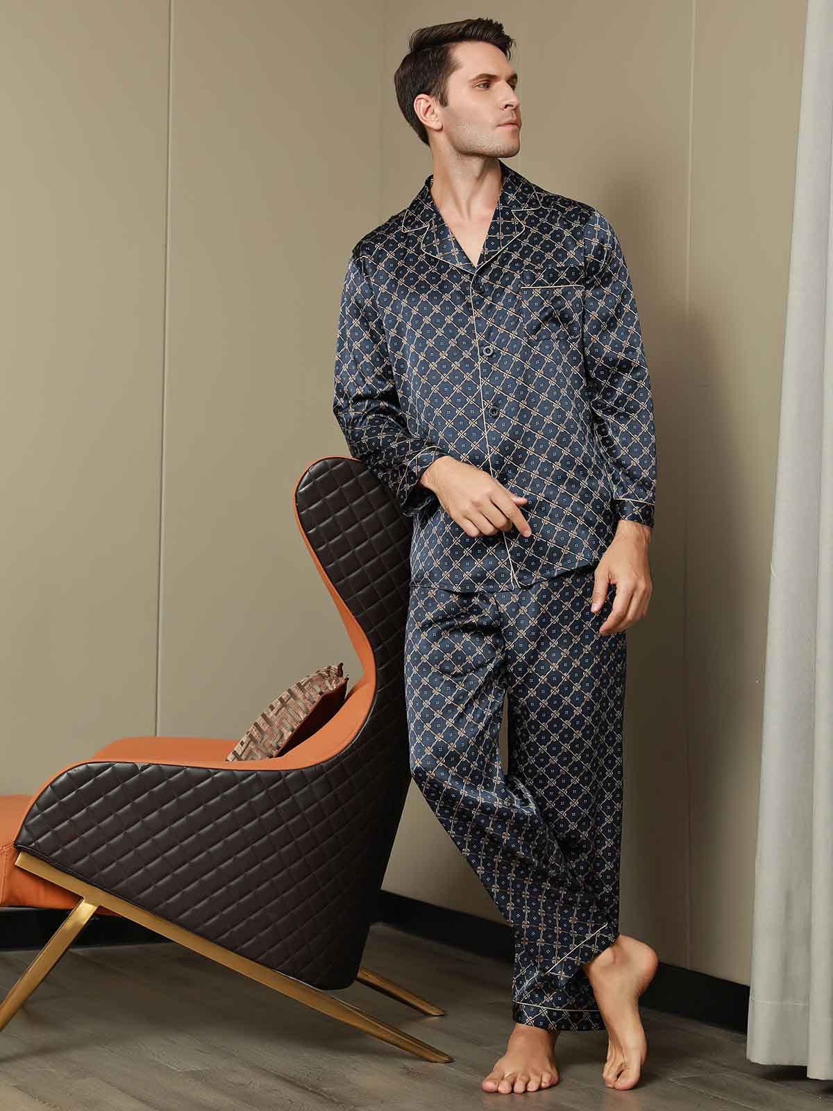 [Dark Blue] SilkSilky-UK Pure Silk Long Sleeve Lapel Men's Pyjamas 001