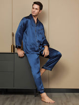 [Dark Blue] SilkSilky-UK Pure Silk Long Sleeve Lapel Men's Pyjamas 001