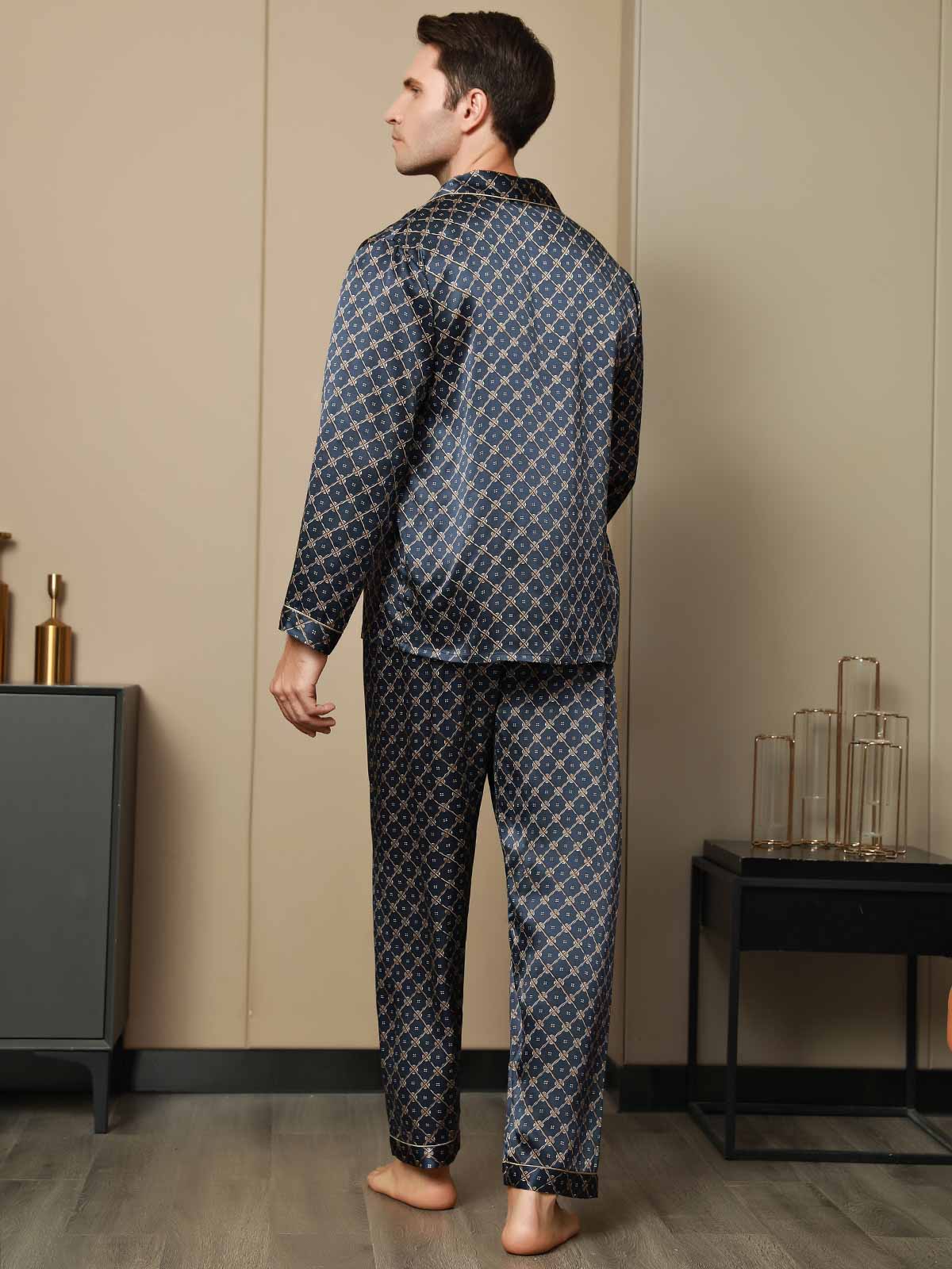 [Dark Blue] SilkSilky-UK Pure Silk Long Sleeve Lapel Men's Pyjamas 002