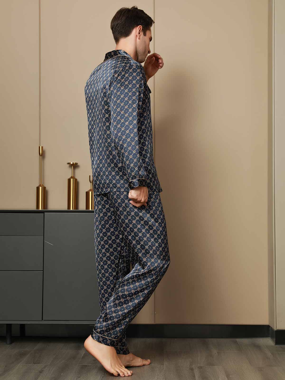 [Dark Blue] SilkSilky-UK Pure Silk Long Sleeve Lapel Men's Pyjamas 003