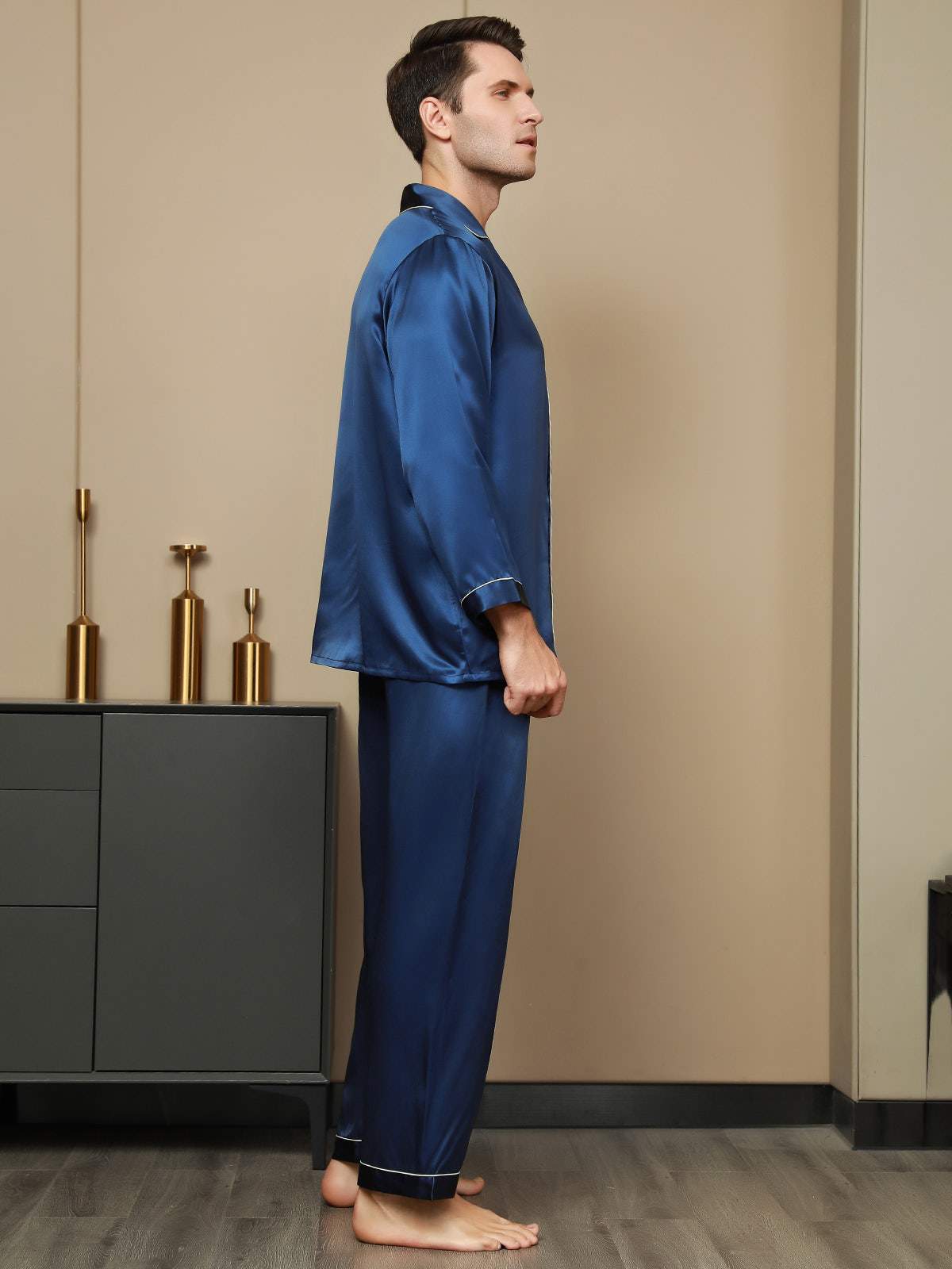 [Dark Blue] SilkSilky-UK Pure Silk Long Sleeve Lapel Men's Pyjamas 003