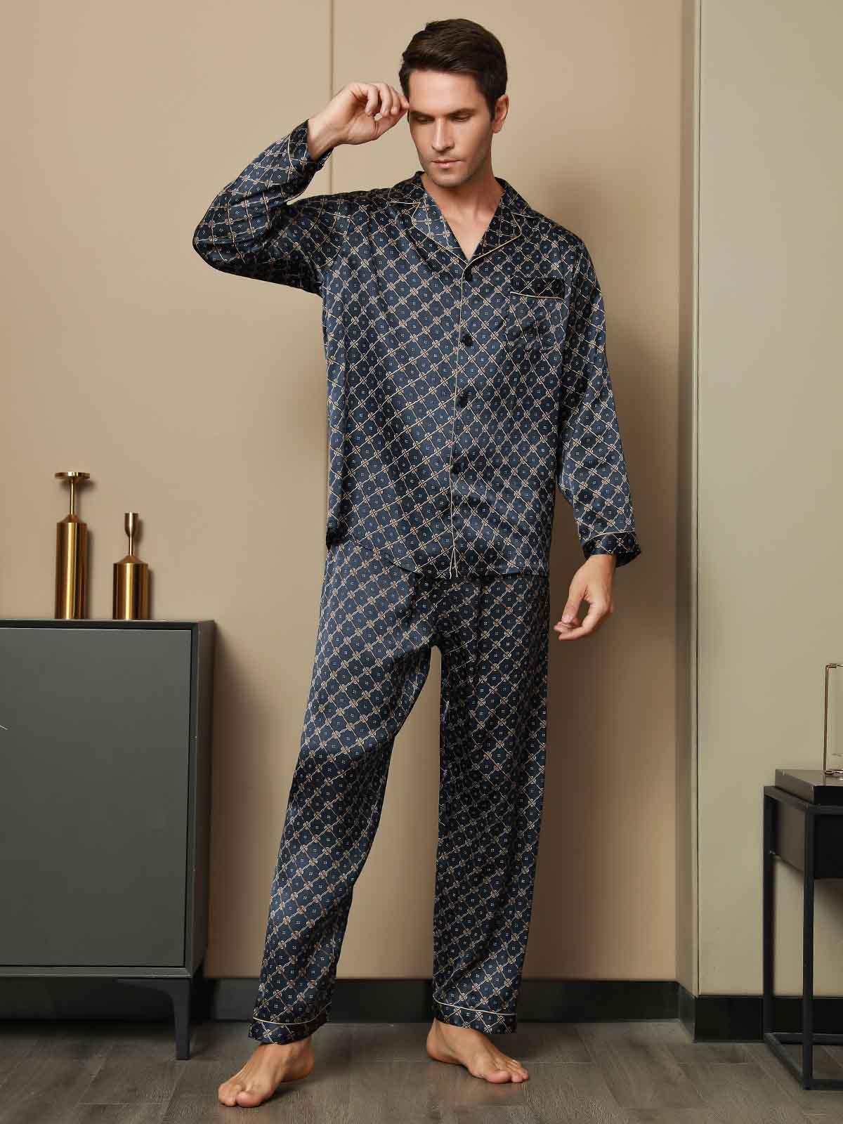 [Dark Blue] SilkSilky-UK Pure Silk Long Sleeve Lapel Men's Pyjamas 004