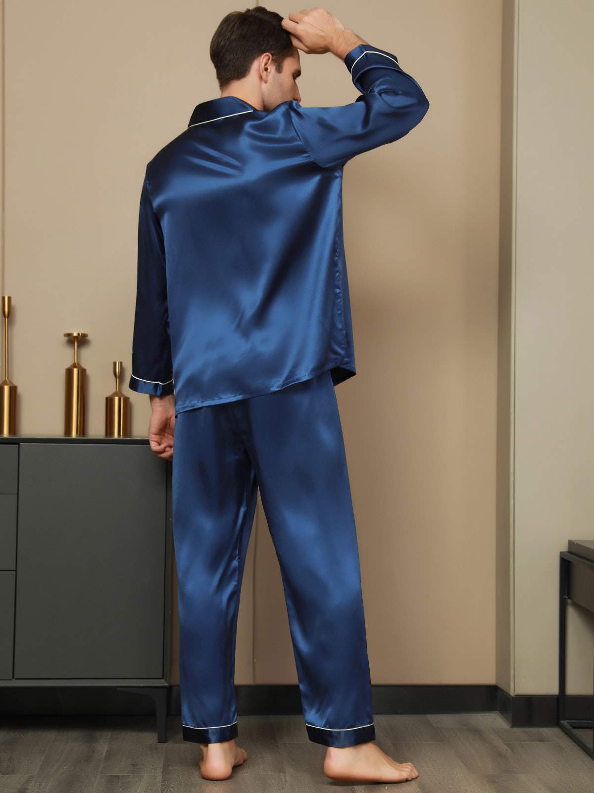 [Dark Blue] SilkSilky-UK Pure Silk Long Sleeve Lapel Men's Pyjamas 004