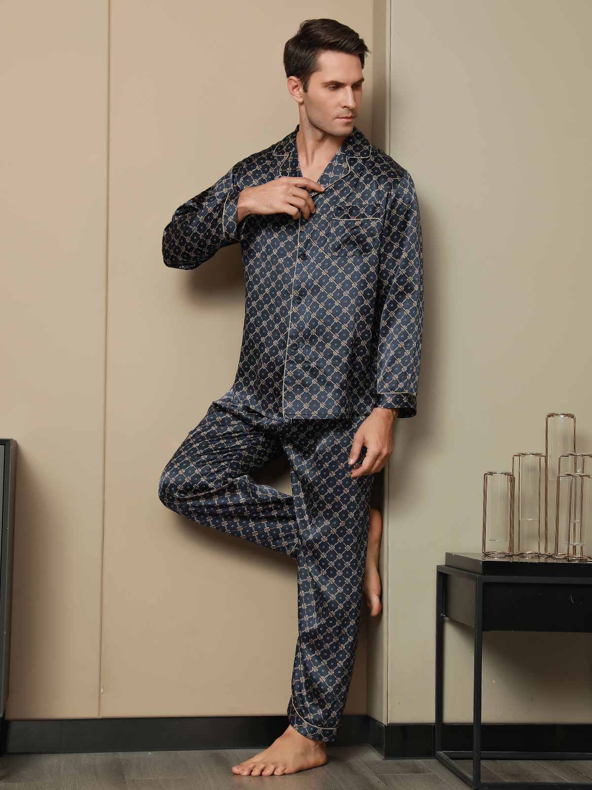 [Dark Blue] SilkSilky-UK Pure Silk Long Sleeve Lapel Men's Pyjamas 005