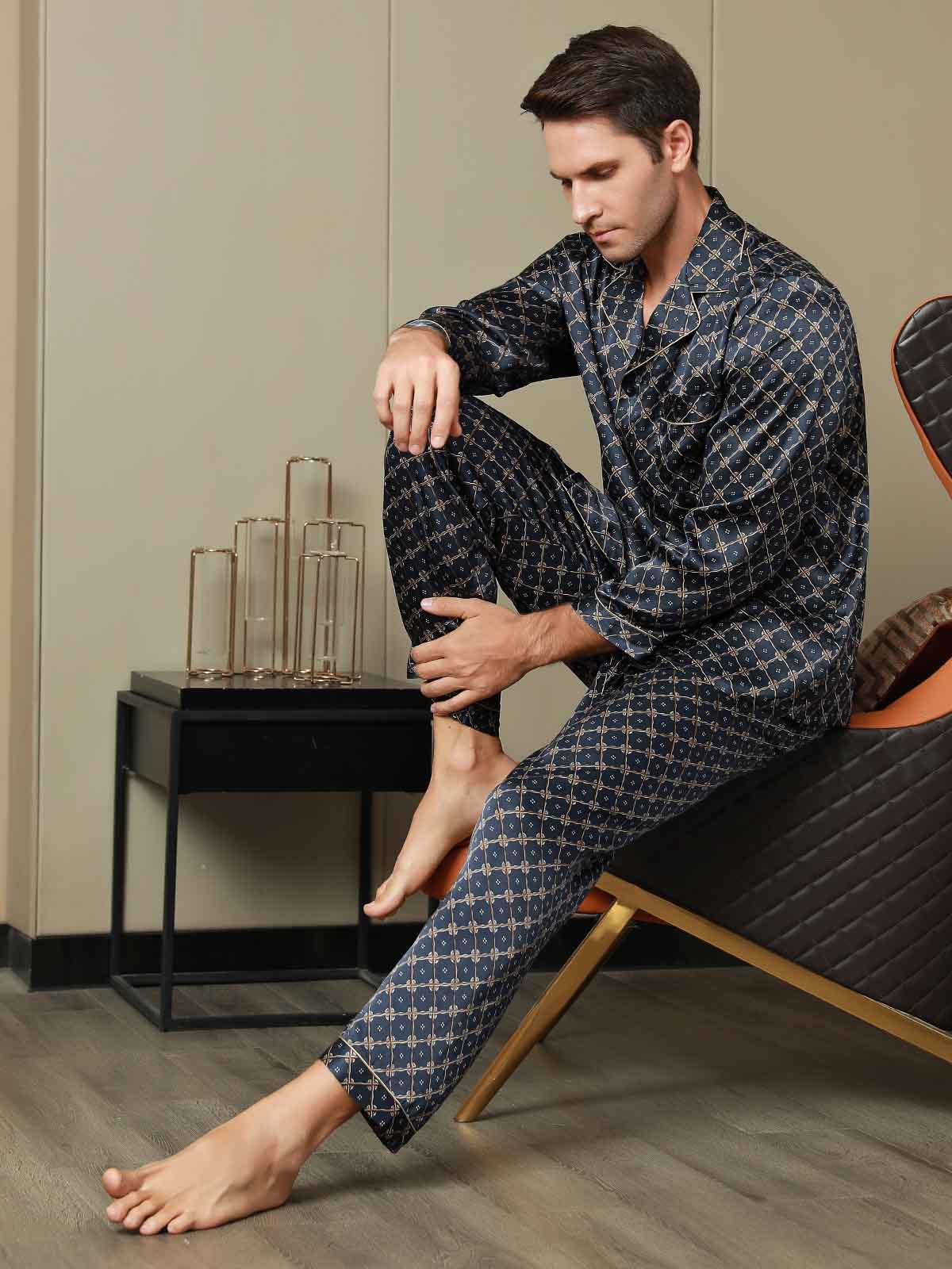 [Dark Blue] SilkSilky-UK Pure Silk Long Sleeve Lapel Men's Pyjamas 006