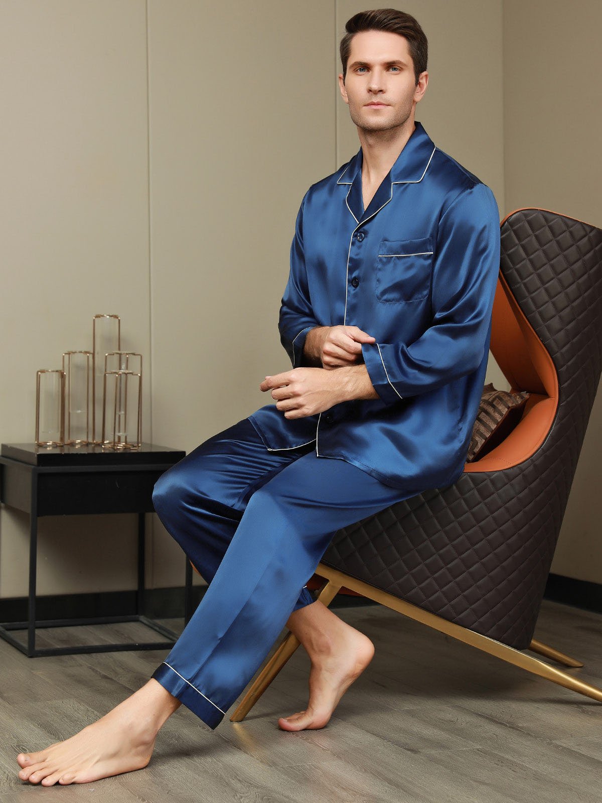 [Dark Blue] SilkSilky-UK Pure Silk Long Sleeve Lapel Men's Pyjamas 006