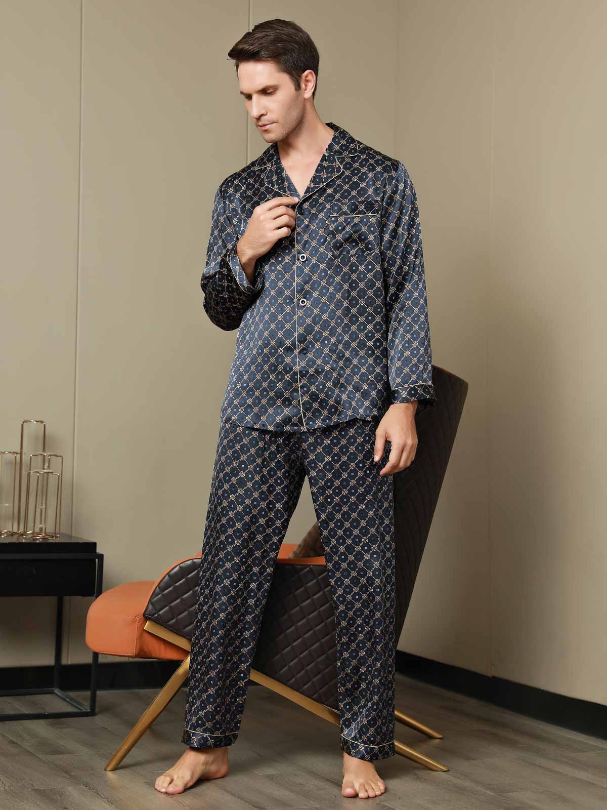 [Dark Blue] SilkSilky-UK Pure Silk Long Sleeve Lapel Men's Pyjamas 007