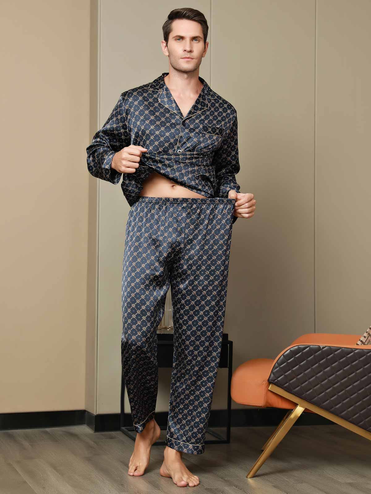[Dark Blue] SilkSilky-UK Pure Silk Long Sleeve Lapel Men's Pyjamas 008