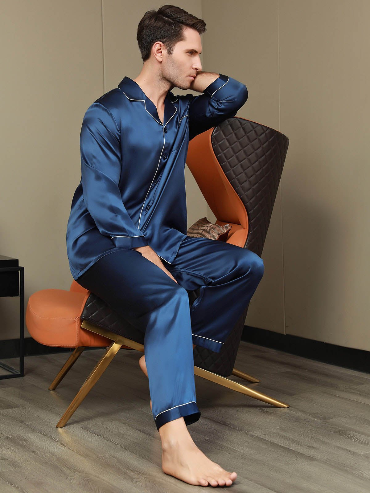 [Dark Blue] SilkSilky-UK Pure Silk Long Sleeve Lapel Men's Pyjamas 008