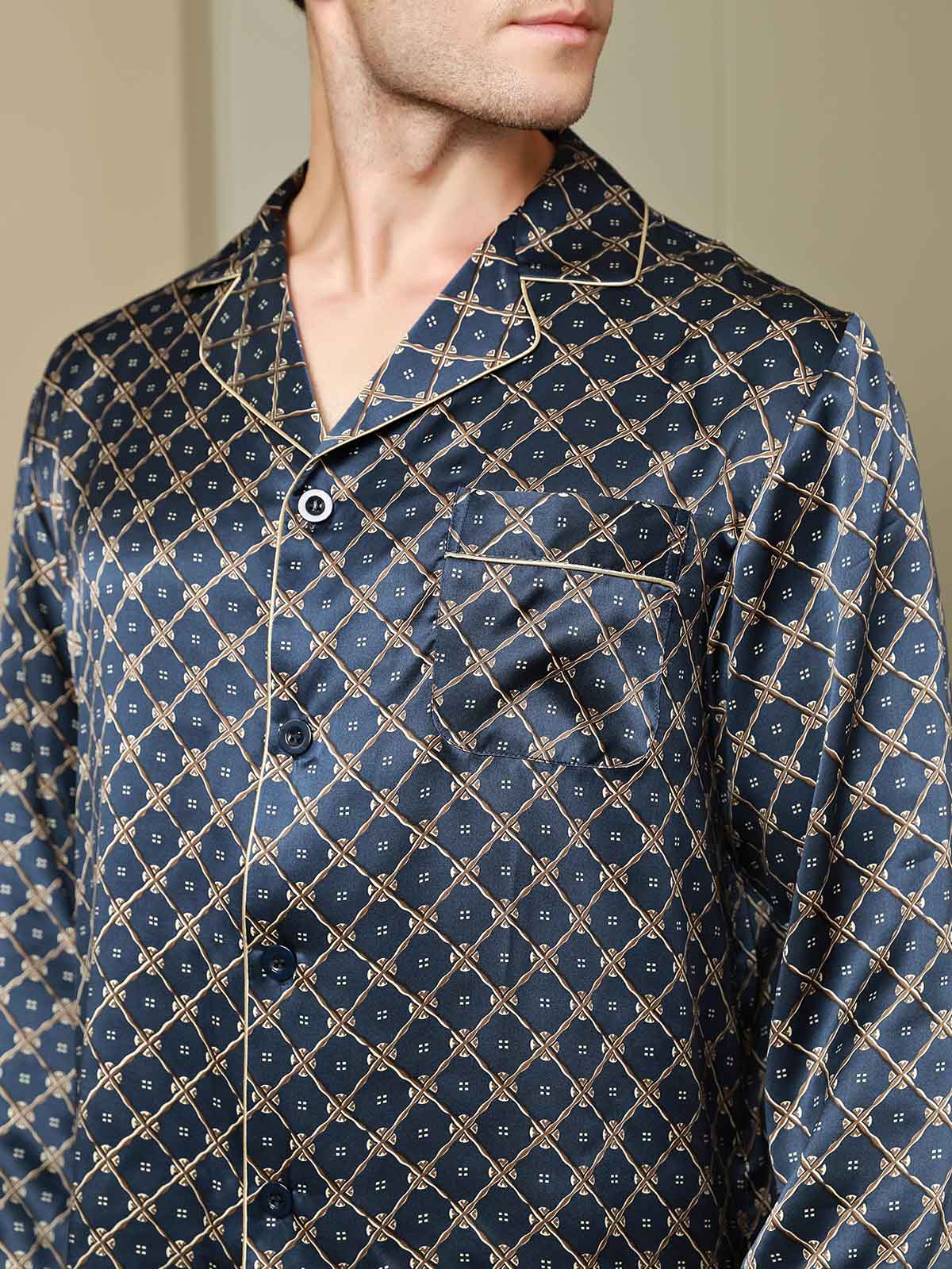 [Dark Blue] SilkSilky-UK Pure Silk Long Sleeve Lapel Men's Pyjamas 009