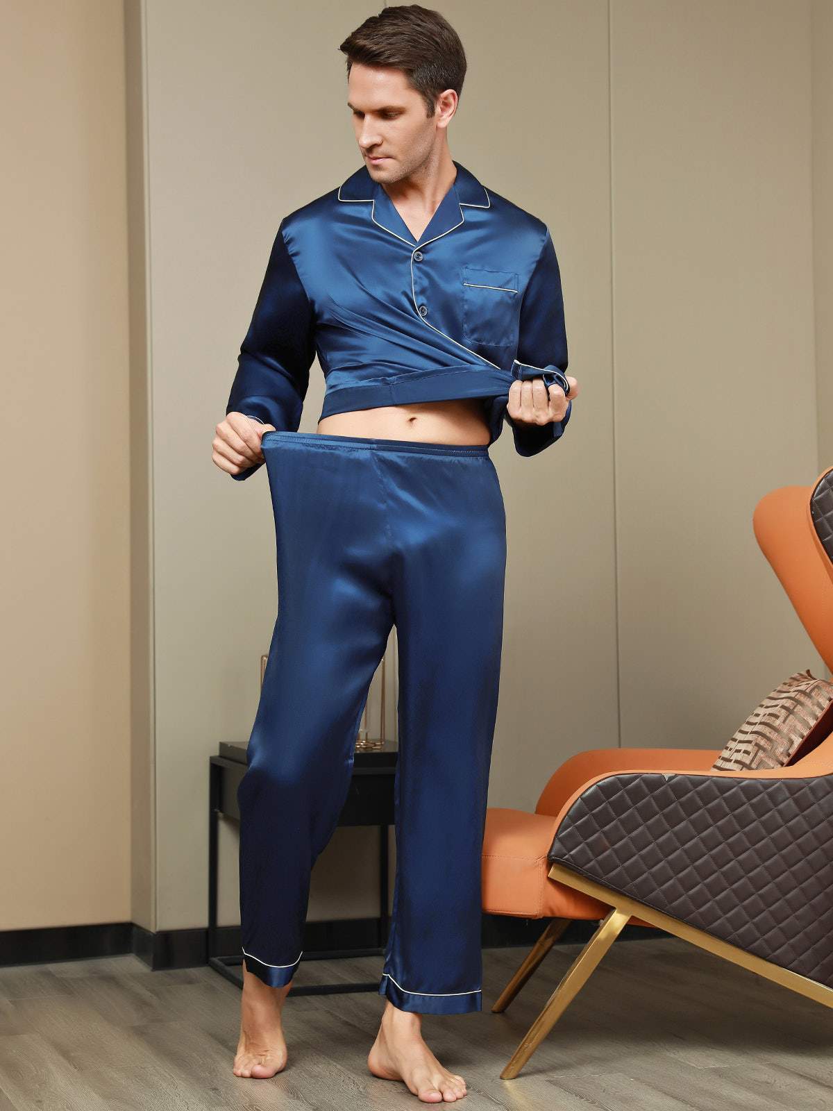 [Dark Blue] SilkSilky-UK Pure Silk Long Sleeve Lapel Men's Pyjamas 009