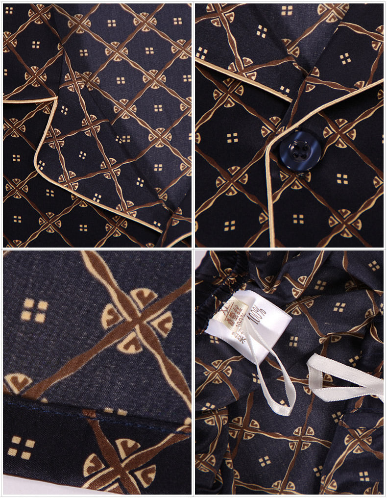 [Dark Blue] SilkSilky-UK Pure Silk Long Sleeve Lapel Men's Pyjamas 010