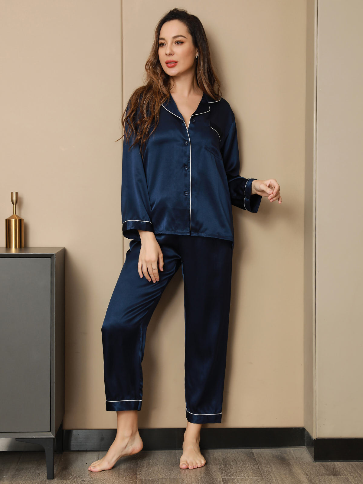 [Dark Blue] SilkSilky-UK Pure Silk Long Sleeve Lapel Women's Pyjamas 005