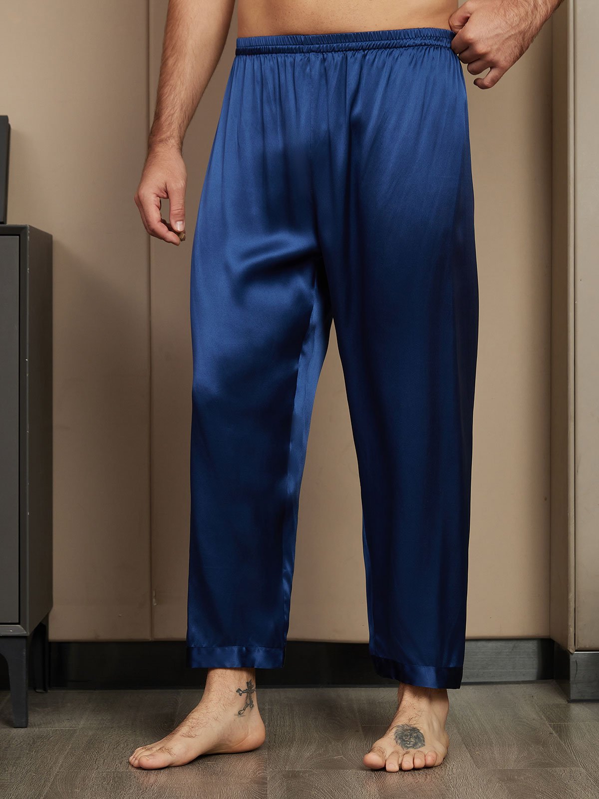 [Dark Blue] SilkSilky-UK Pure Silk Mens Sleep Bottoms 001