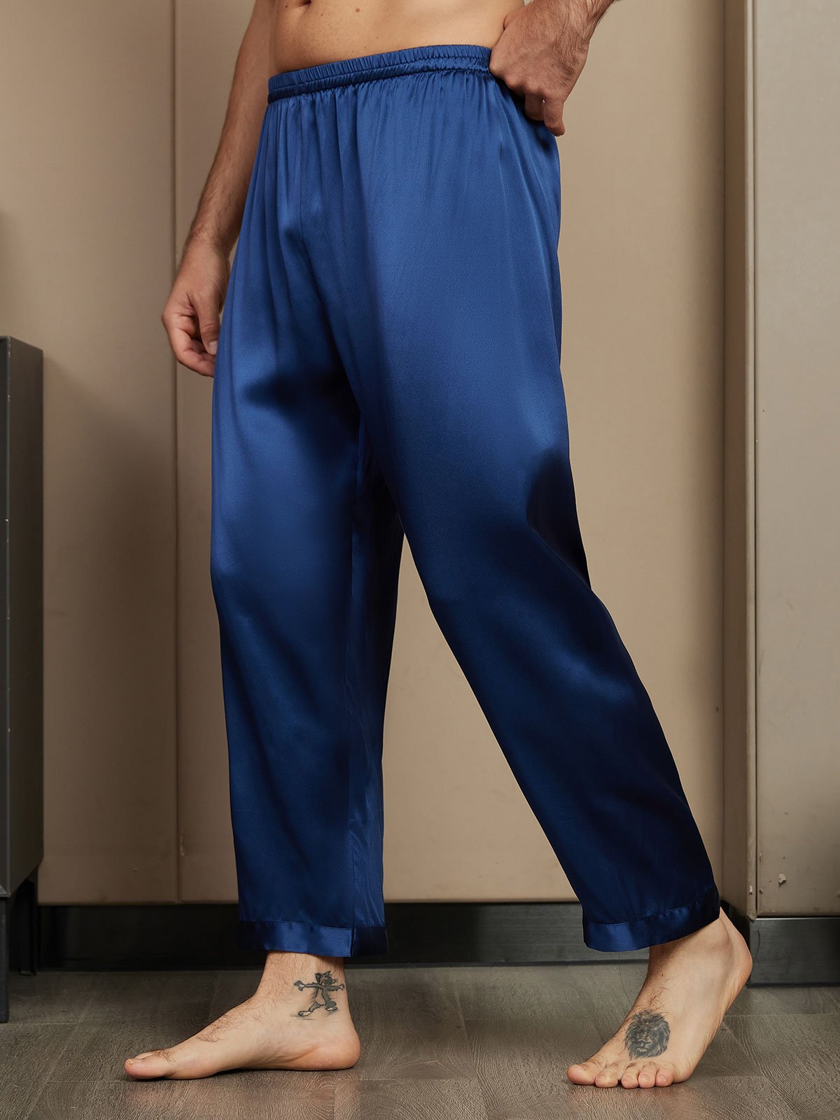 [Dark Blue] SilkSilky-UK Pure Silk Mens Sleep Bottoms 004