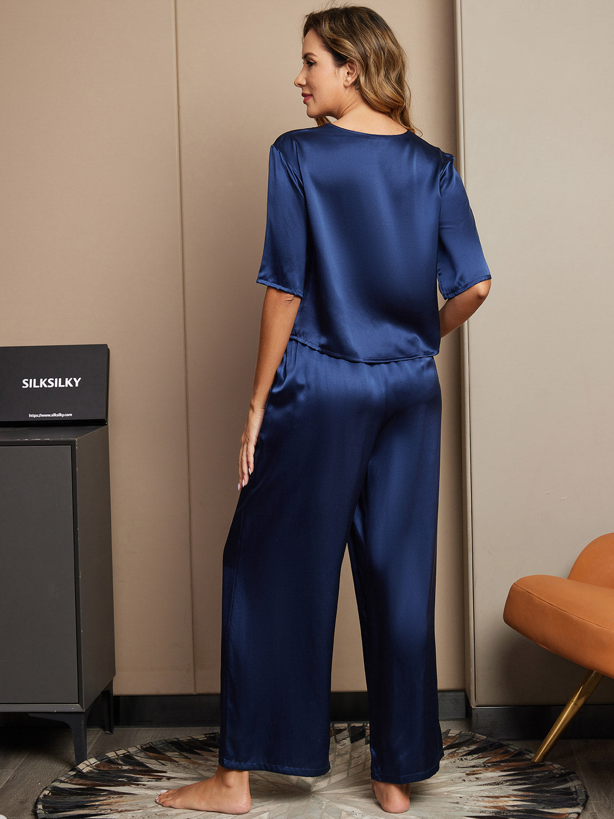 [Dark Blue] SilkSilky-UK Pure Silk Round Neck Women's Pyjamas 002