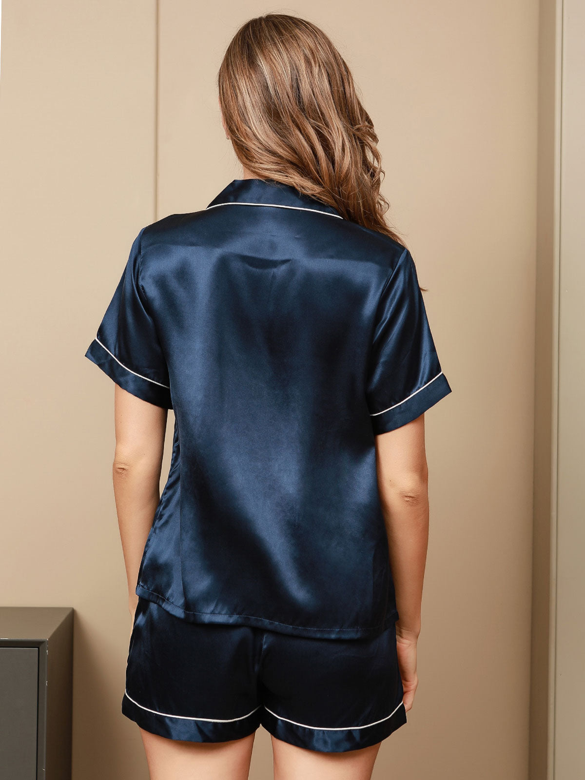 [Dark Blue] SilkSilky-UK Pure Silk Short Sleeve Lapel Women's Pyjamas 002
