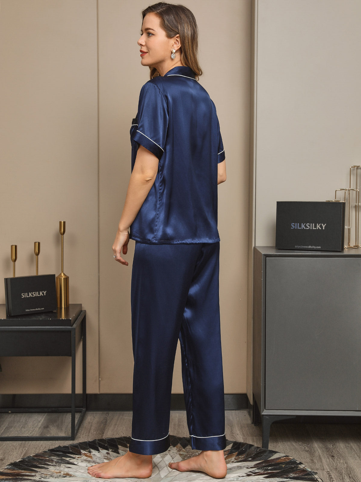 [Dark Blue] SilkSilky-UK Pure Silk Short Sleeve Lapel Women's Pyjamas 002