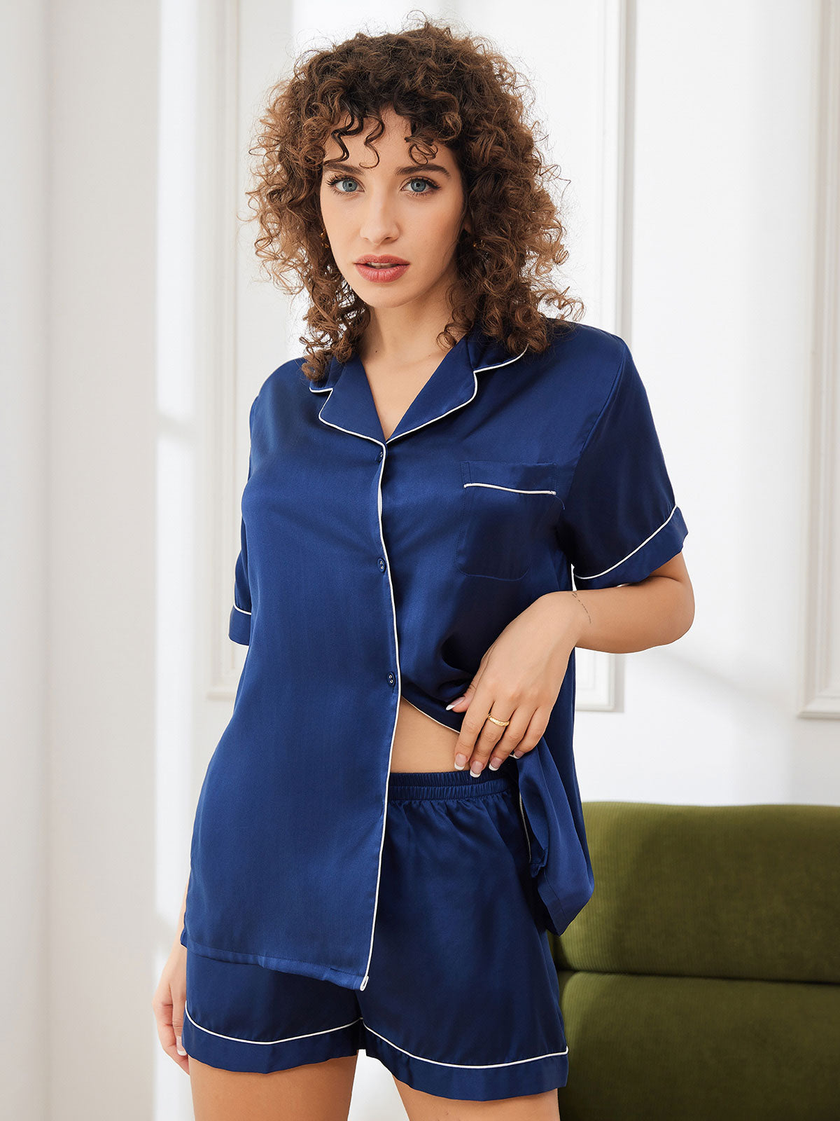 [Dark Blue] SilkSilky-UK Pure Silk Short Sleeve Lapel Women's Pyjamas 003