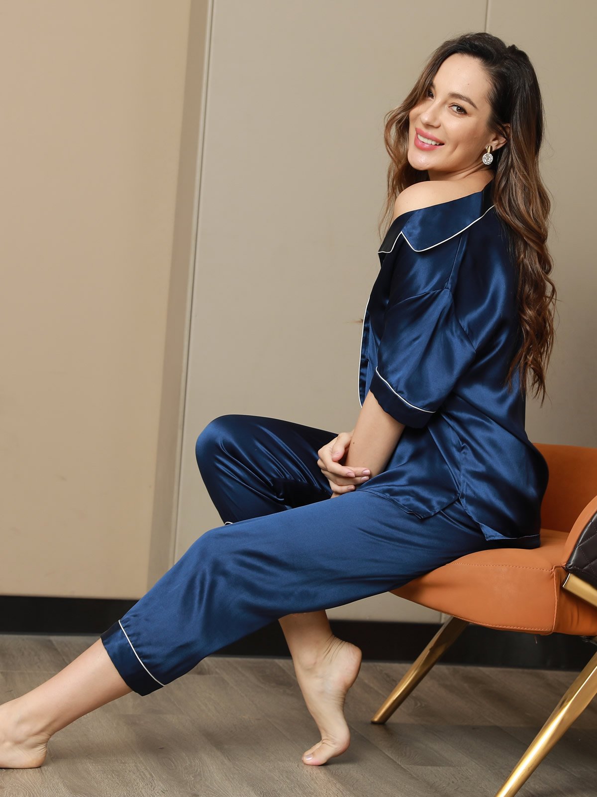 [Dark Blue] SilkSilky-UK Pure Silk Short Sleeve Lapel Women's Pyjamas 003