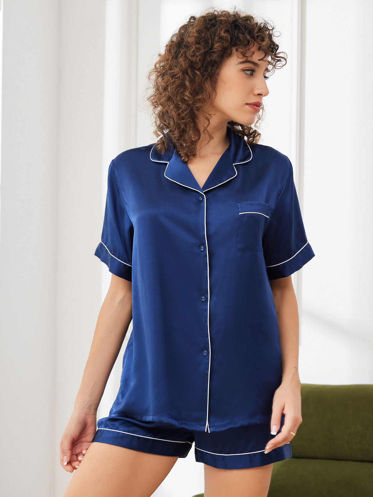 [Dark Blue] SilkSilky-UK Pure Silk Short Sleeve Lapel Women's Pyjamas 004