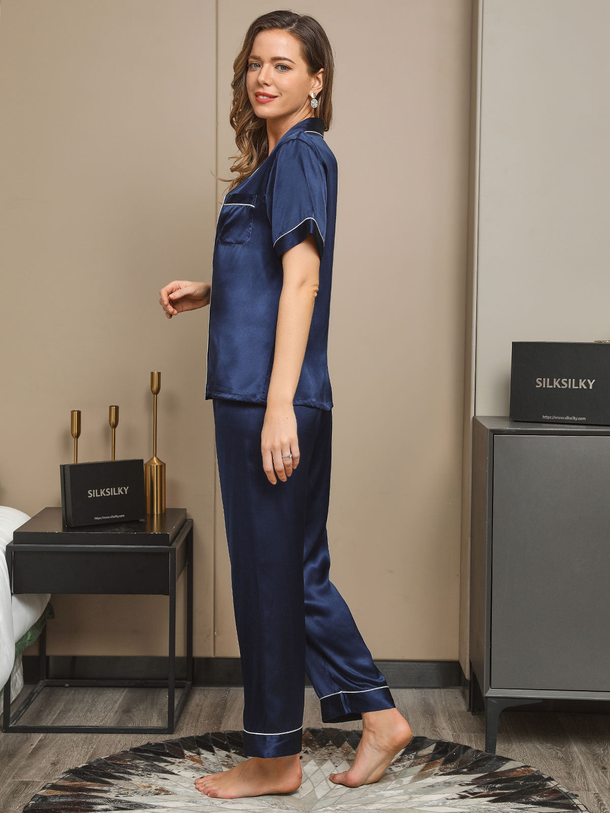 [Dark Blue] SilkSilky-UK Pure Silk Short Sleeve Lapel Women's Pyjamas 004