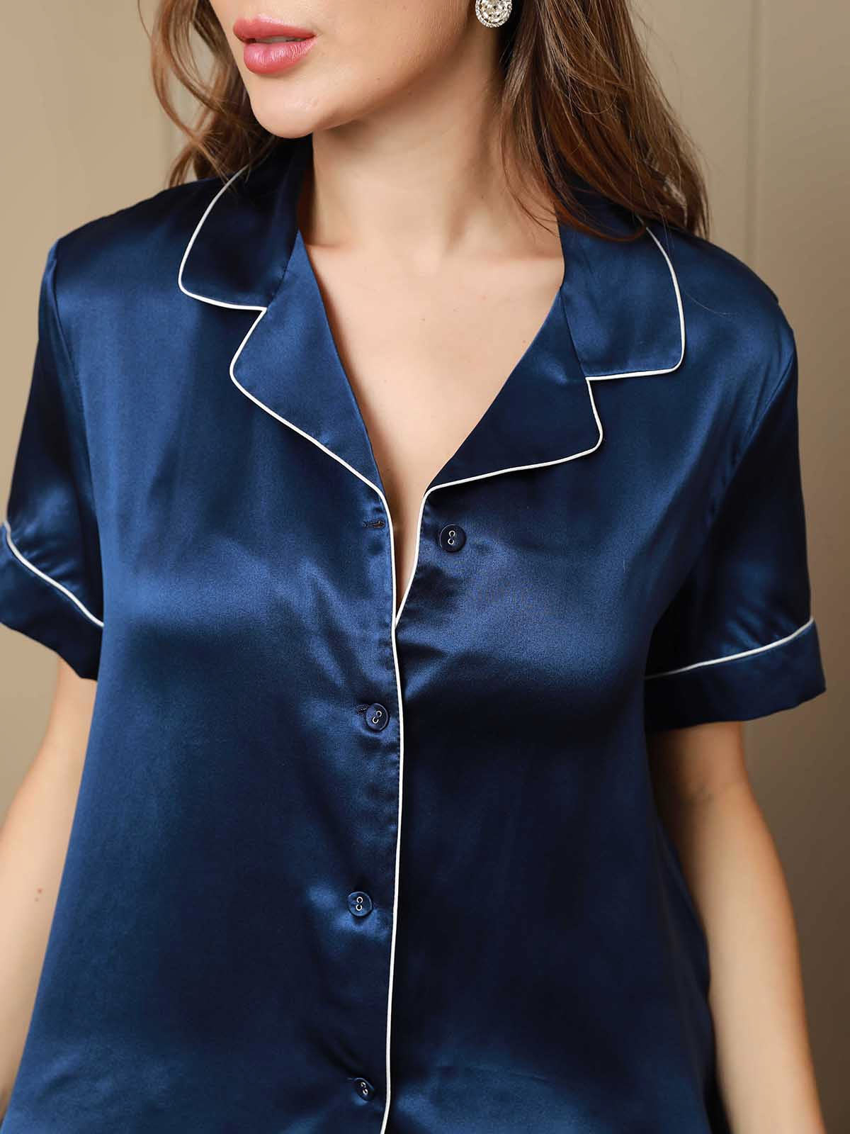 [Dark Blue] SilkSilky-UK Pure Silk Short Sleeve Lapel Women's Pyjamas 007