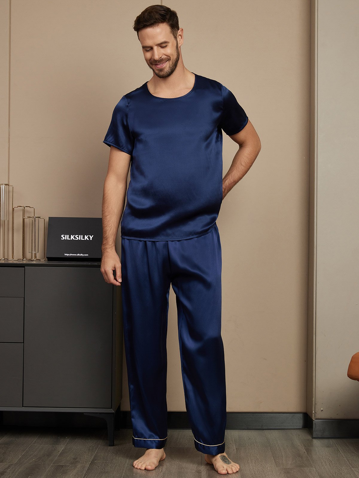 [Dark Blue] SilkSilky-UK Pure Silk Short Sleeve Round Neck Men's Pyjamas 001