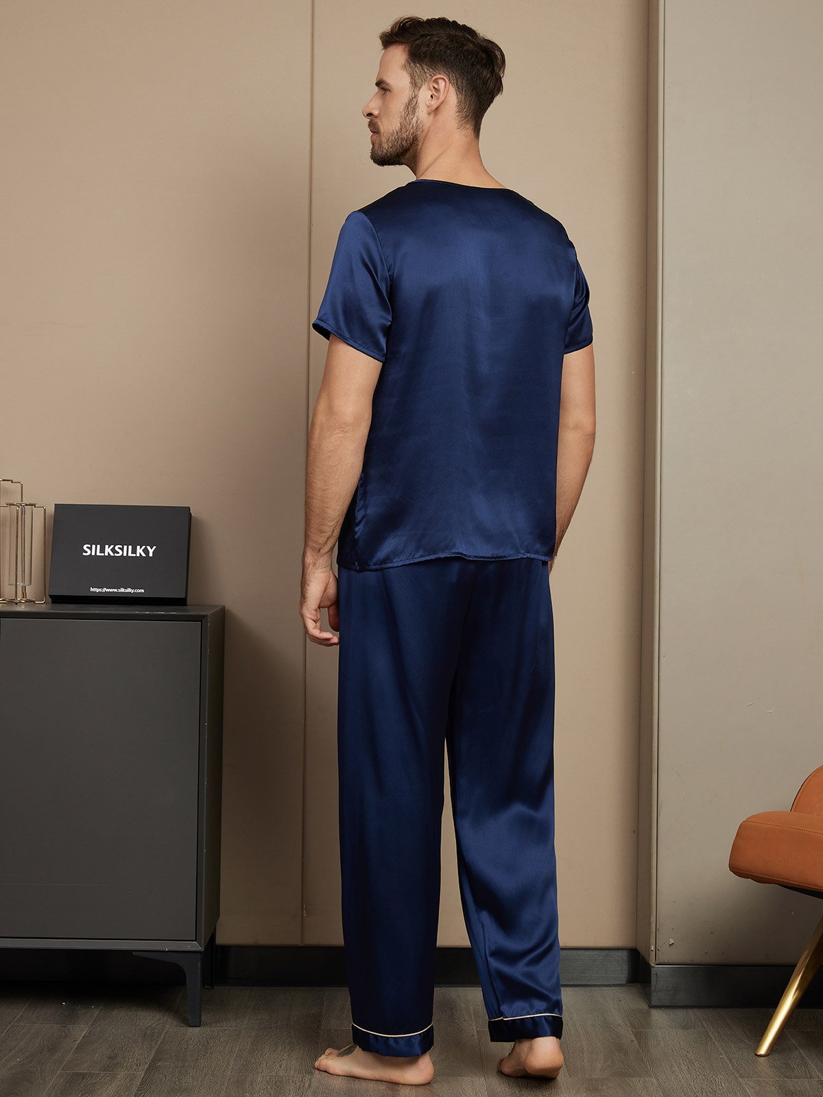 [Dark Blue] SilkSilky-UK Pure Silk Short Sleeve Round Neck Men's Pyjamas 002