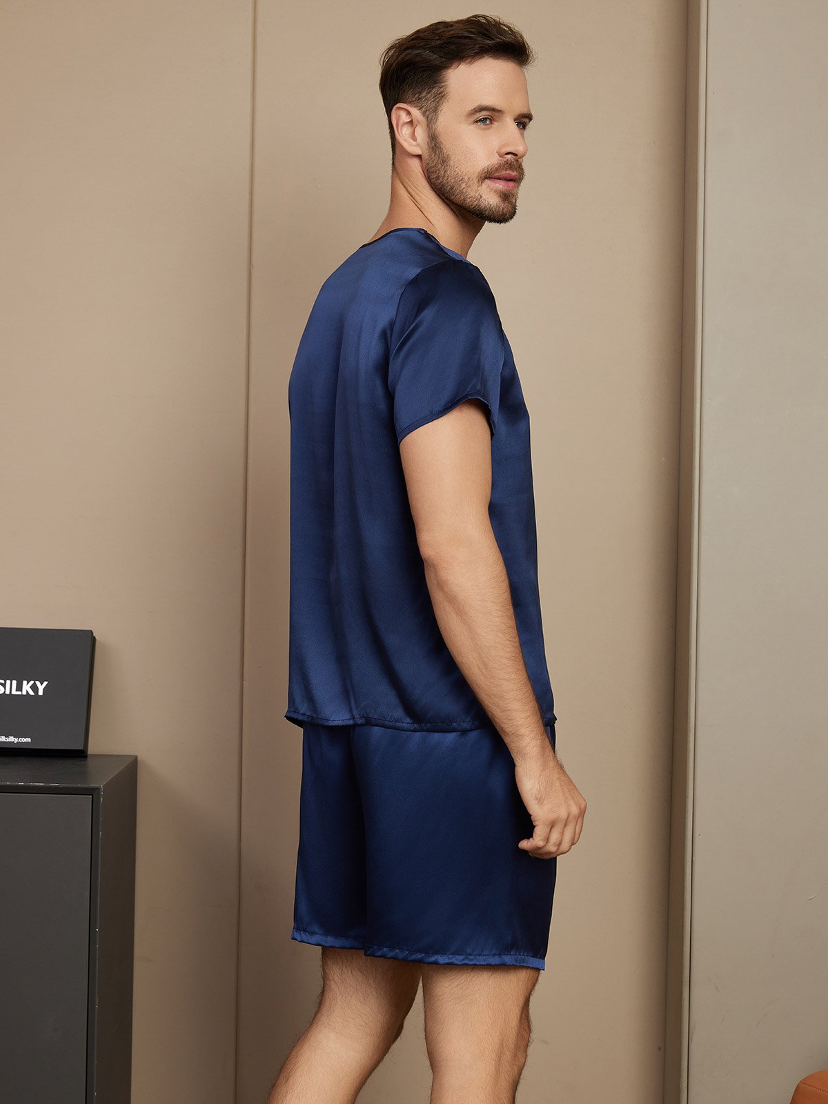 [Dark Blue] SilkSilky-UK Pure Silk Short Sleeve Round Neck Men's Pyjamas 002