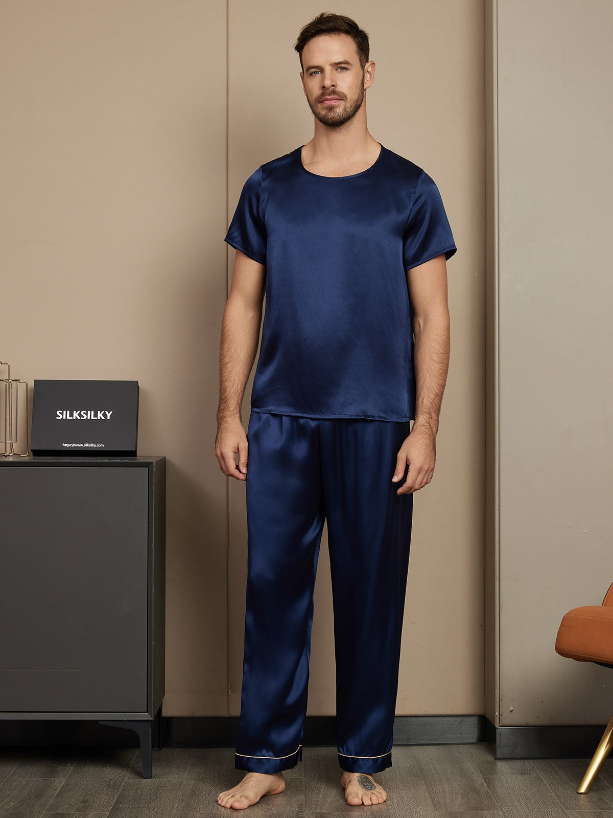 [Dark Blue] SilkSilky-UK Pure Silk Short Sleeve Round Neck Men's Pyjamas 003