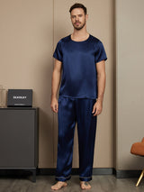 [Dark Blue] SilkSilky-UK Pure Silk Short Sleeve Round Neck Men's Pyjamas 003