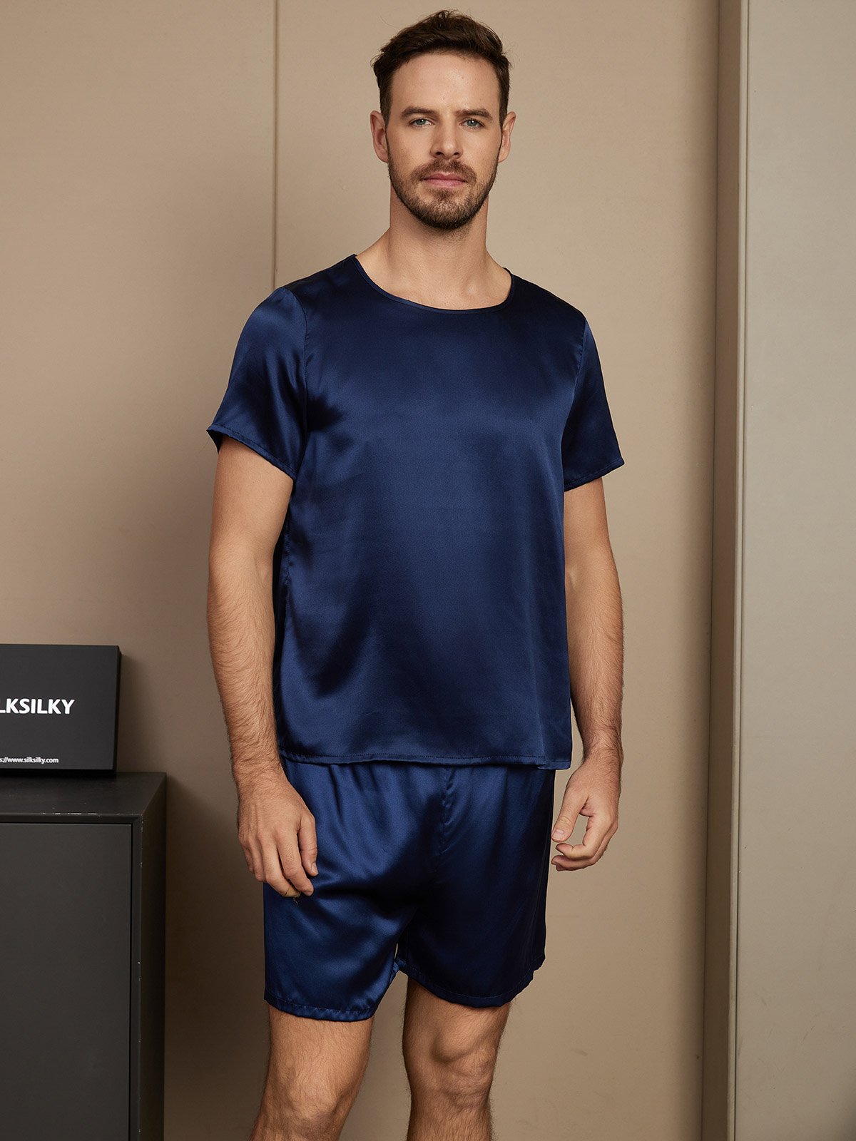 [Dark Blue] SilkSilky-UK Pure Silk Short Sleeve Round Neck Men's Pyjamas 003