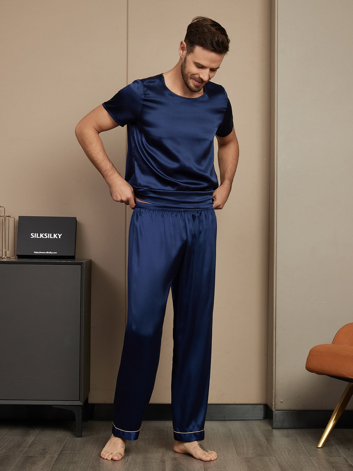 [Dark Blue] SilkSilky-UK Pure Silk Short Sleeve Round Neck Men's Pyjamas 004