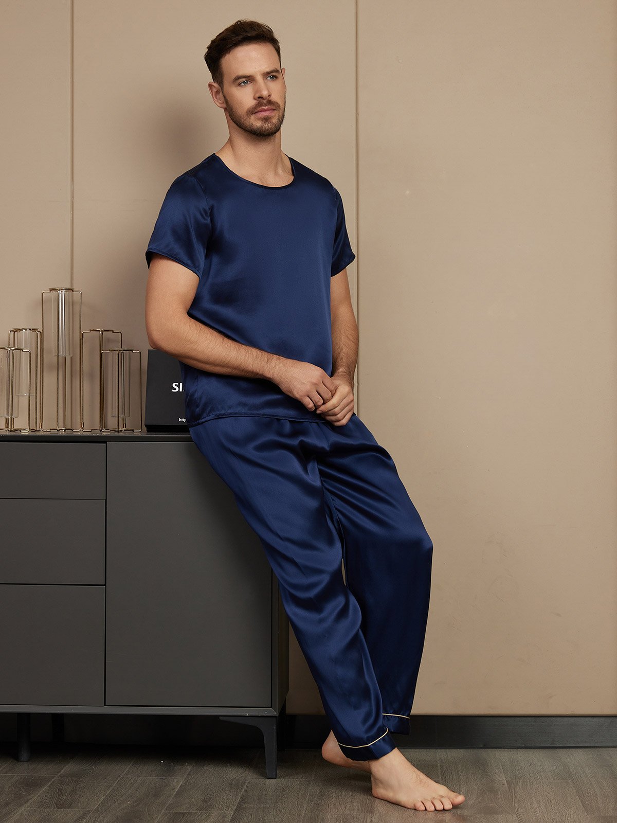 [Dark Blue] SilkSilky-UK Pure Silk Short Sleeve Round Neck Men's Pyjamas 005