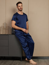 [Dark Blue] SilkSilky-UK Pure Silk Short Sleeve Round Neck Men's Pyjamas 005
