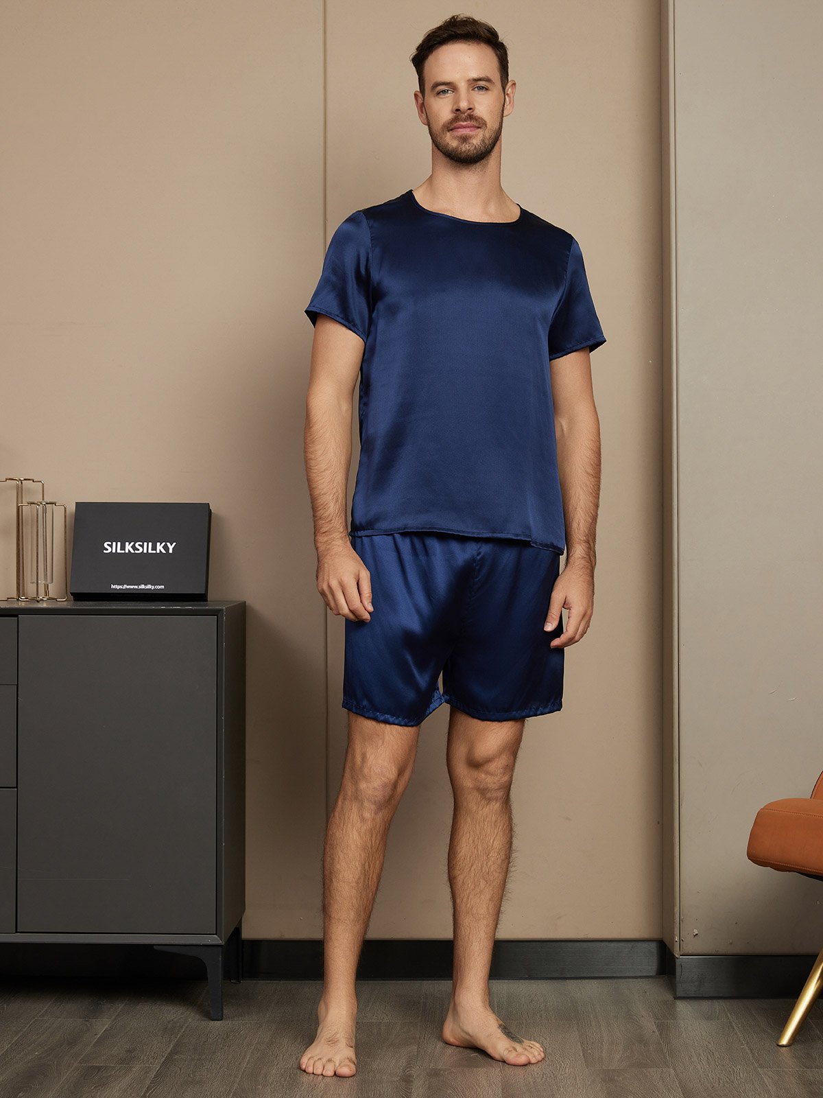 [Dark Blue] SilkSilky-UK Pure Silk Short Sleeve Round Neck Men's Pyjamas 005
