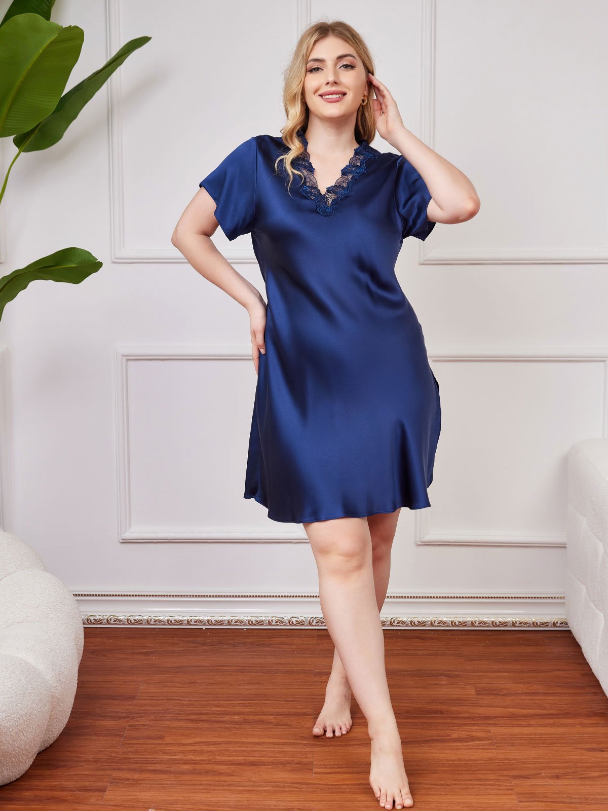 [Dark Blue] SilkSilky-UK Pure Silk Short Sleeve V Neck Plus Size Nightdress 004