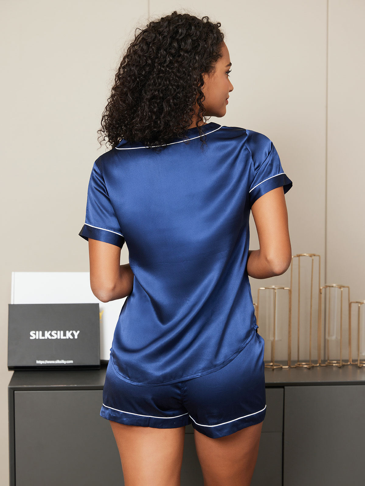 [Dark Blue] SilkSilky-UK Pure Silk Short Sleeve V Neck Women's Pyjamas 002