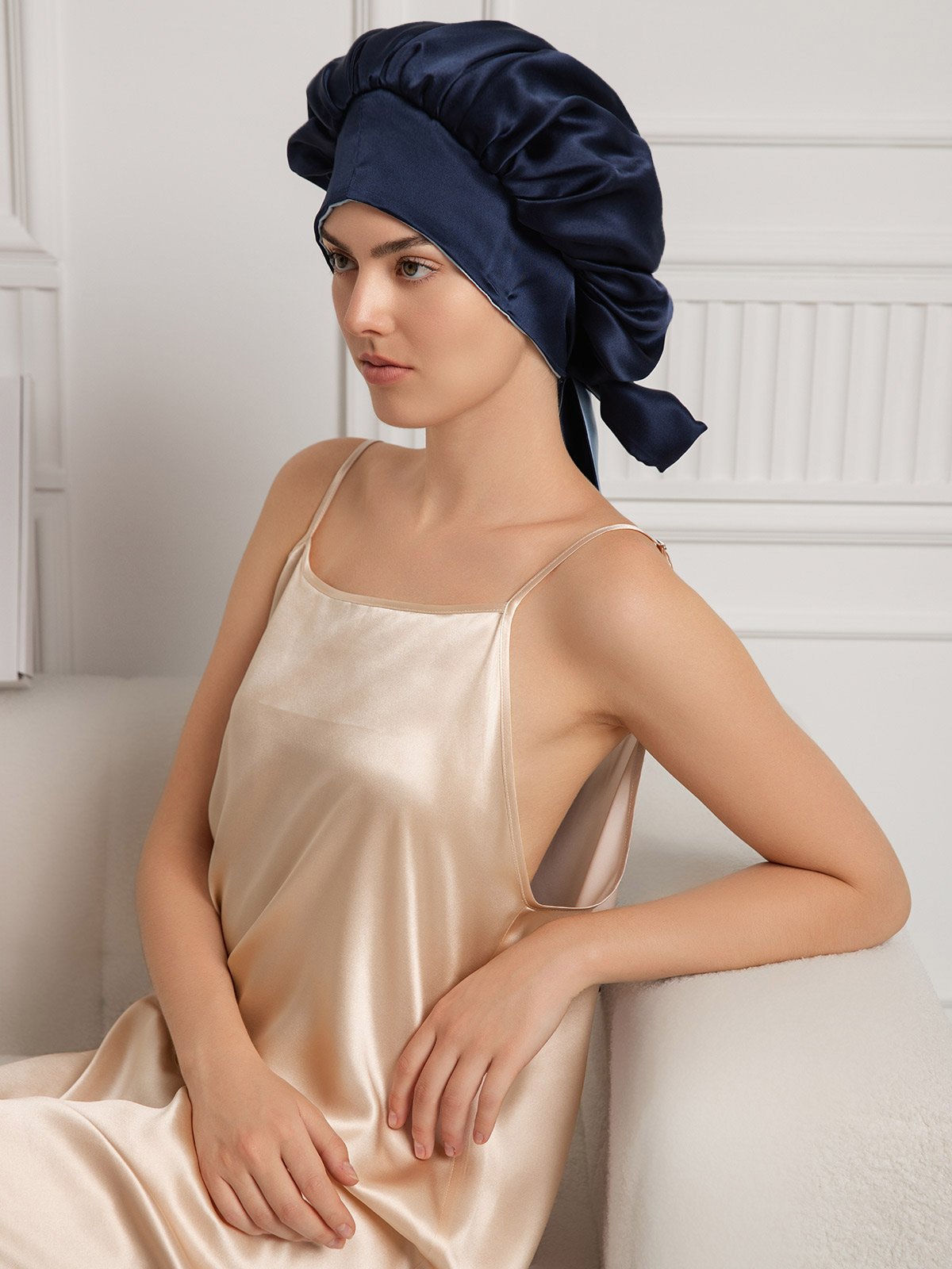 [Dark Blue] SilkSilky-UK Pure Silk Sleep Cap 004