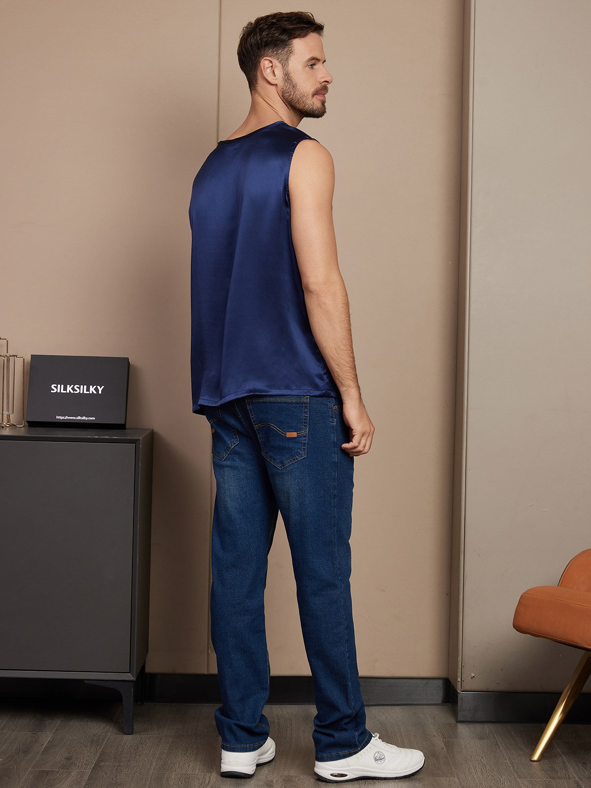[Dark Blue] SilkSilky-UK Pure Silk Sleeveless Mens T-Shirt 002