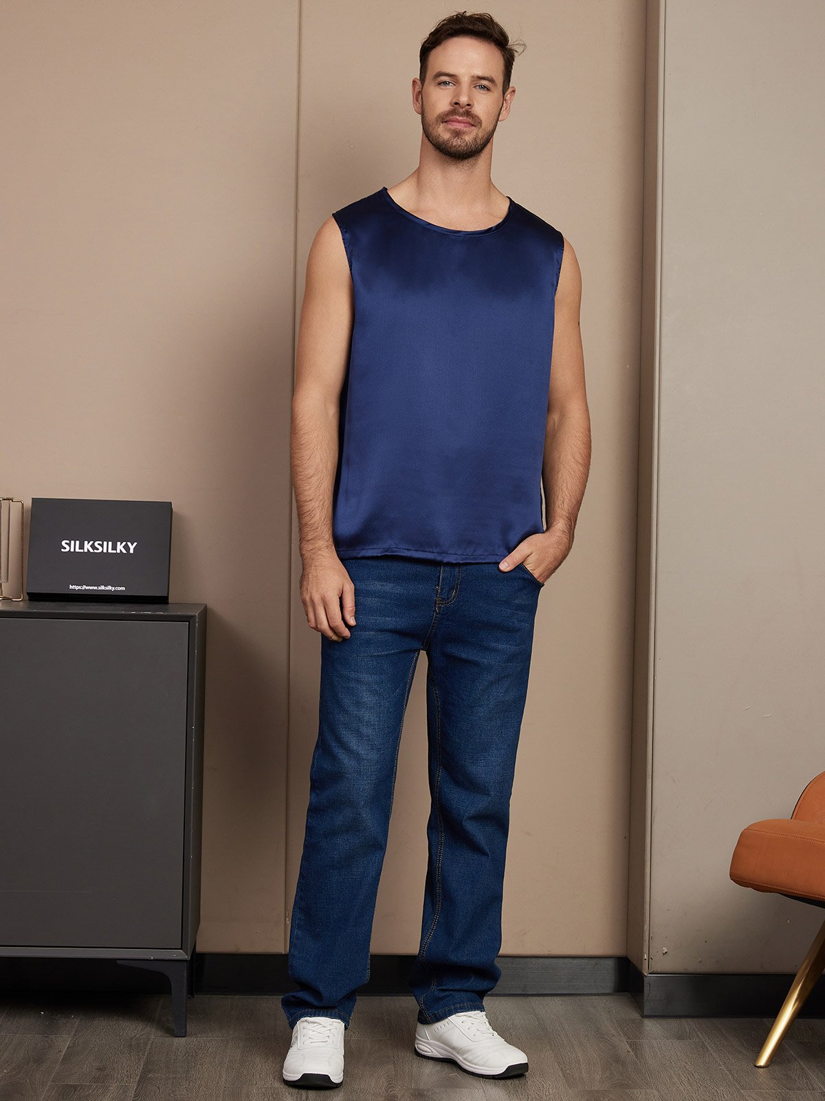 [Dark Blue] SilkSilky-UK Pure Silk Sleeveless Mens T-Shirt 003